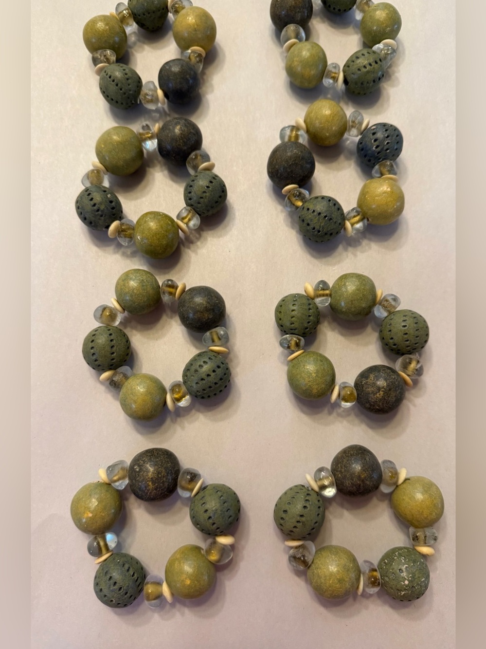 Vintage Kemp & Beatley Green Beaded Napkin Rings Set of 8 Earthy Boho 80s 90s